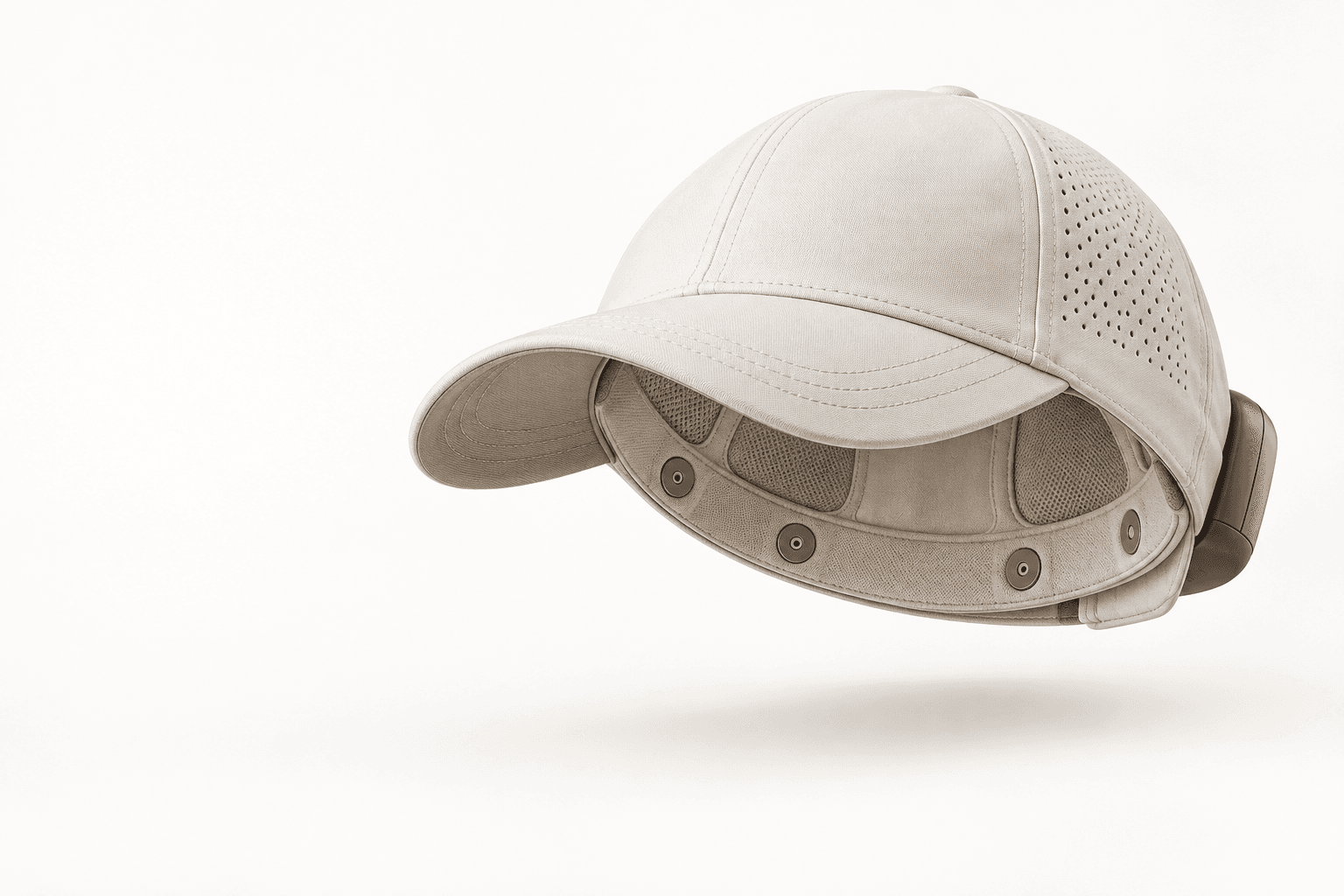 Concept render of Telepatic’s off-white EEG cap with scalp contacts and a rear recorder
